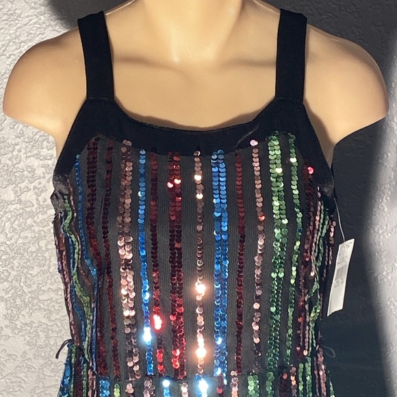 KNIT WORKS - NWT - jumpsuit: black lined mesh w 🌈 sequins & velvet straps - 16 - Picture 10 of 16